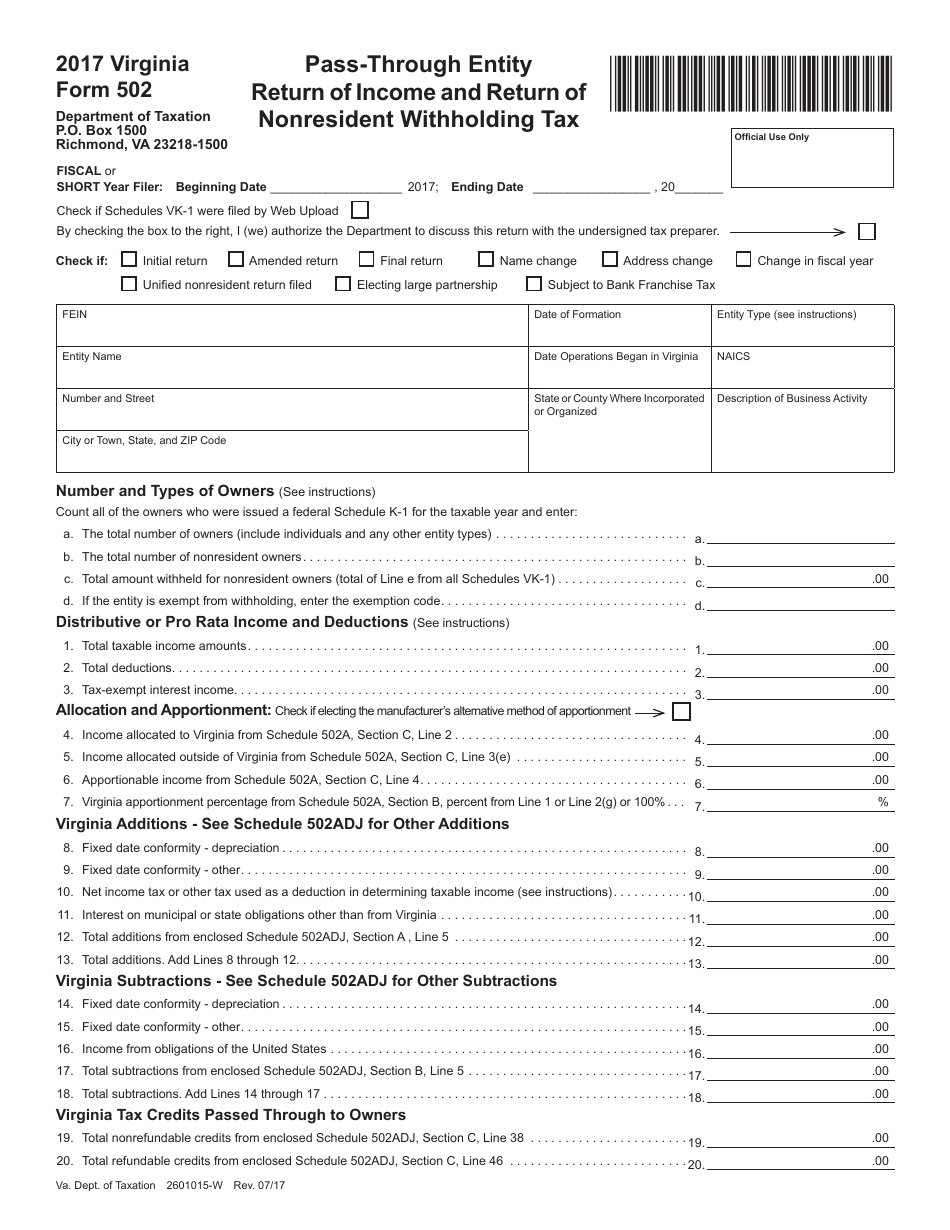 Form 502 Pass-Through Entity Return of Income and Return of Nonresident Withholding Tax - Virginia, Page 1