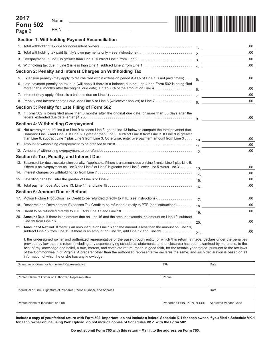 Form 502 Pass-Through Entity Return of Income and Return of Nonresident Withholding Tax - Virginia, Page 2
