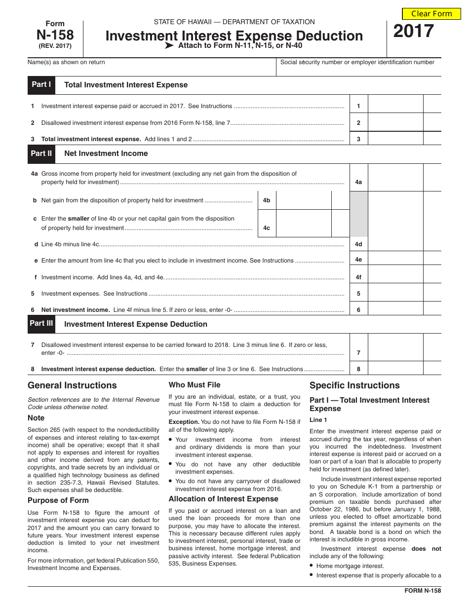 Form N-158 Investment Interest Expense Deduction - Hawaii, Page 1