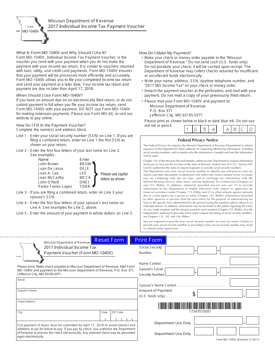 Form MO-1040V Individual Income Tax Payment Voucher - Missouri, Page 1