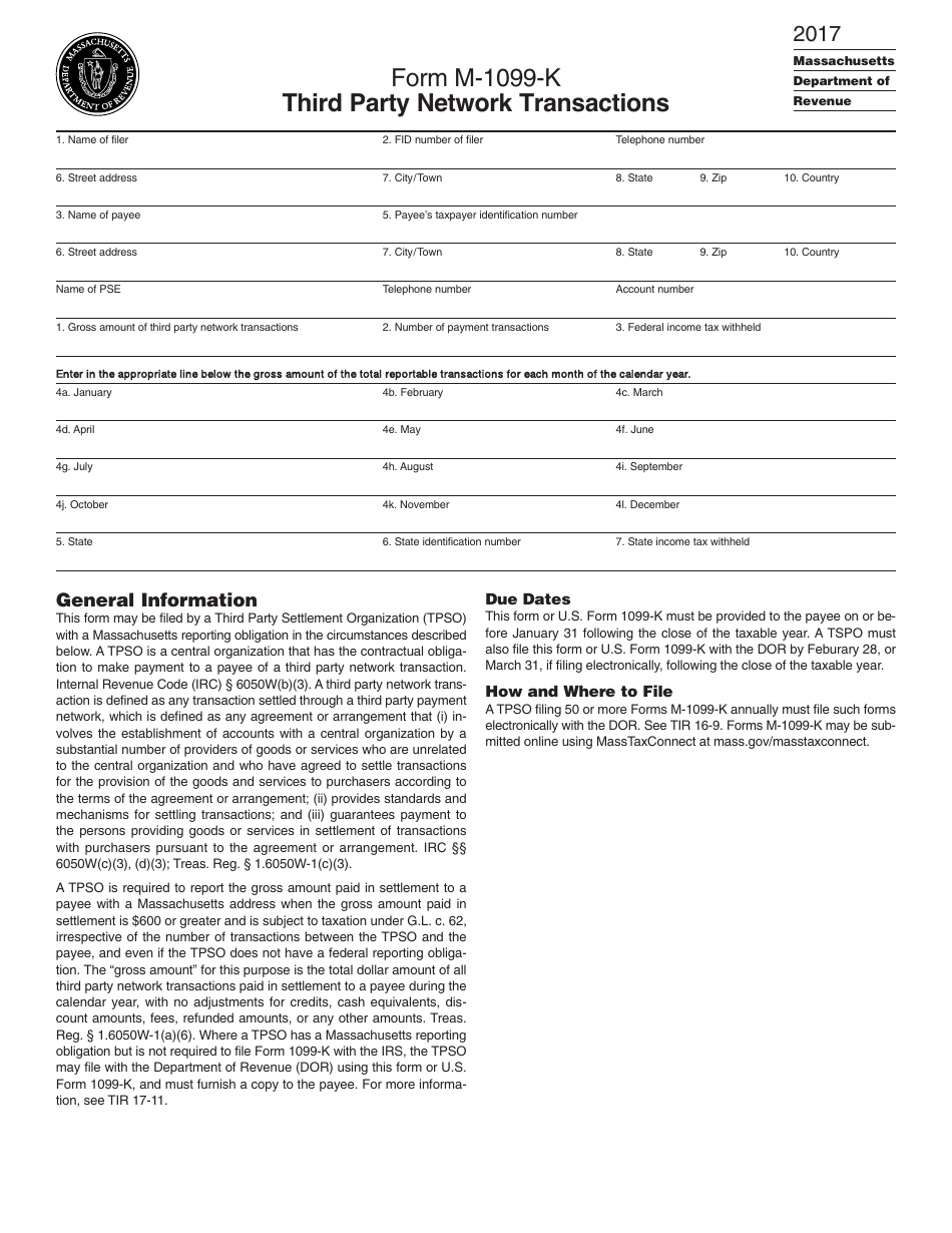 Form M-1099-K Third Party Network Transactions - Massachusetts, Page 1
