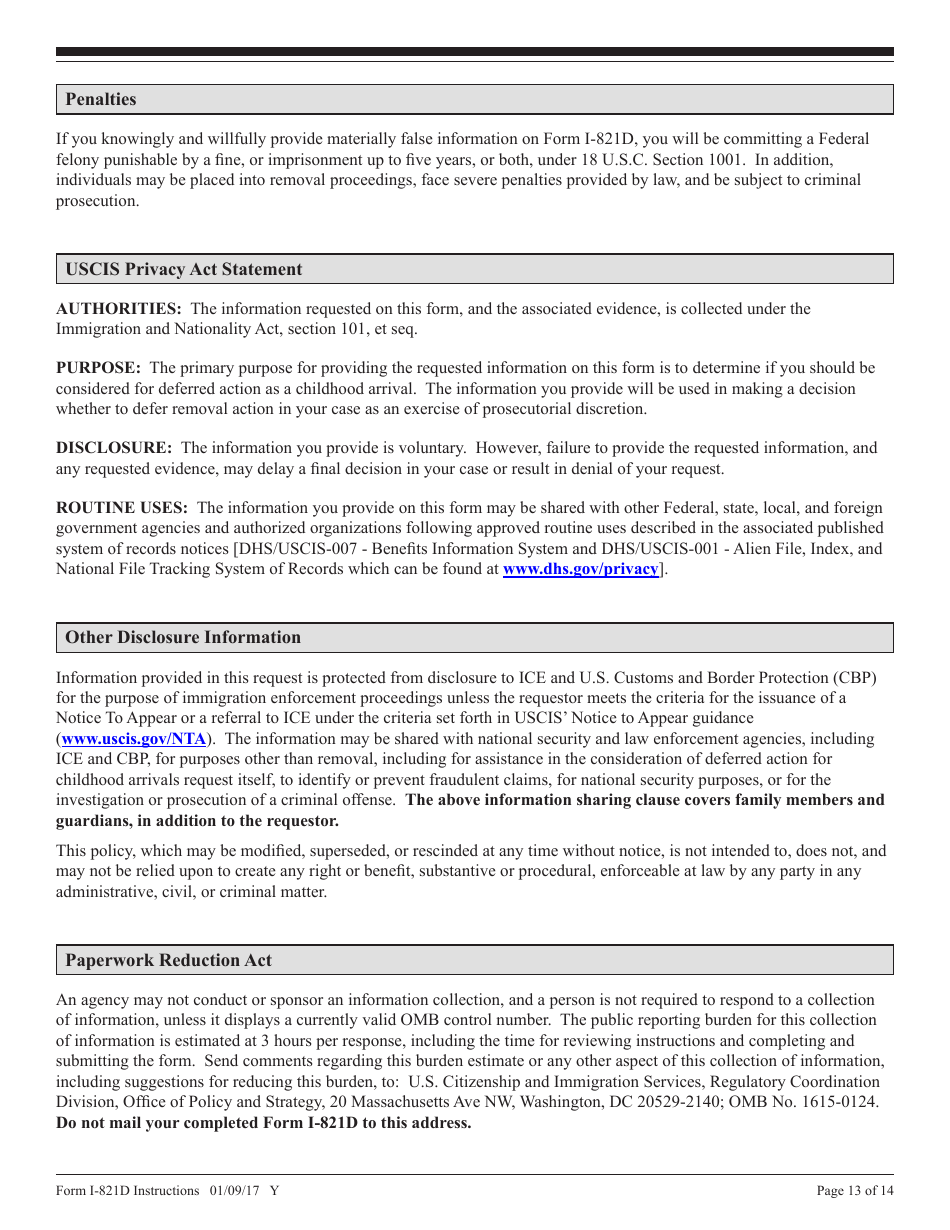 Instructions for USCIS Form I-821D Consideration of Deferred Action for Childhood Arrivals, Page 13