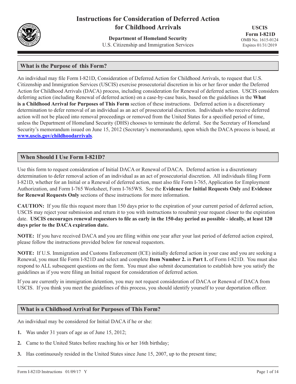 Instructions for USCIS Form I-821D Consideration of Deferred Action for Childhood Arrivals, Page 1