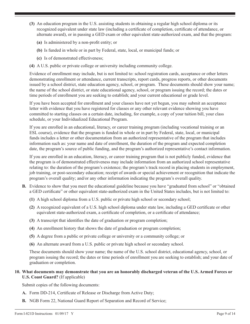 Instructions for USCIS Form I-821D Consideration of Deferred Action for Childhood Arrivals, Page 9