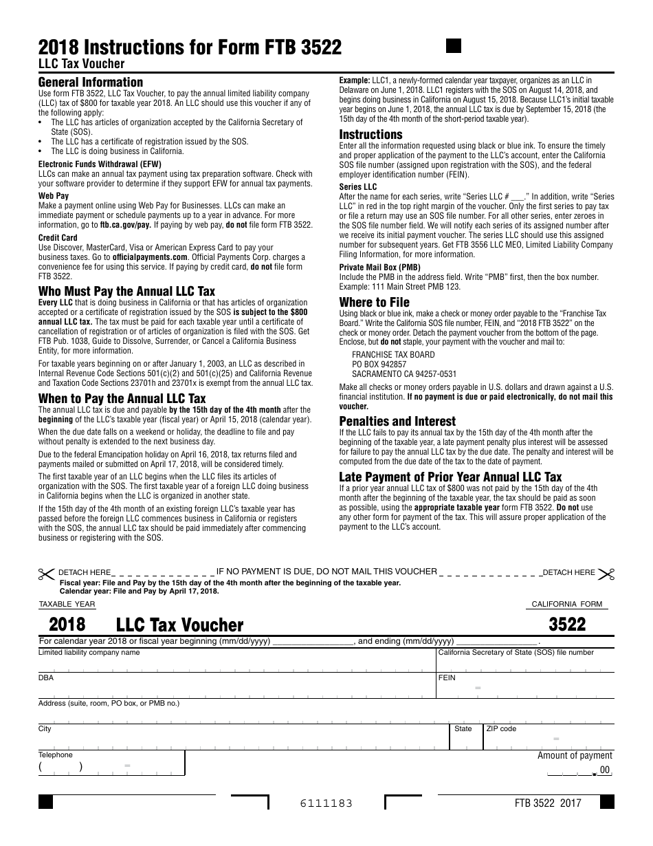 Form Ftb3522 Download Fillable Pdf Or Fill Online Llc Tax Voucher 2018 California Templateroller