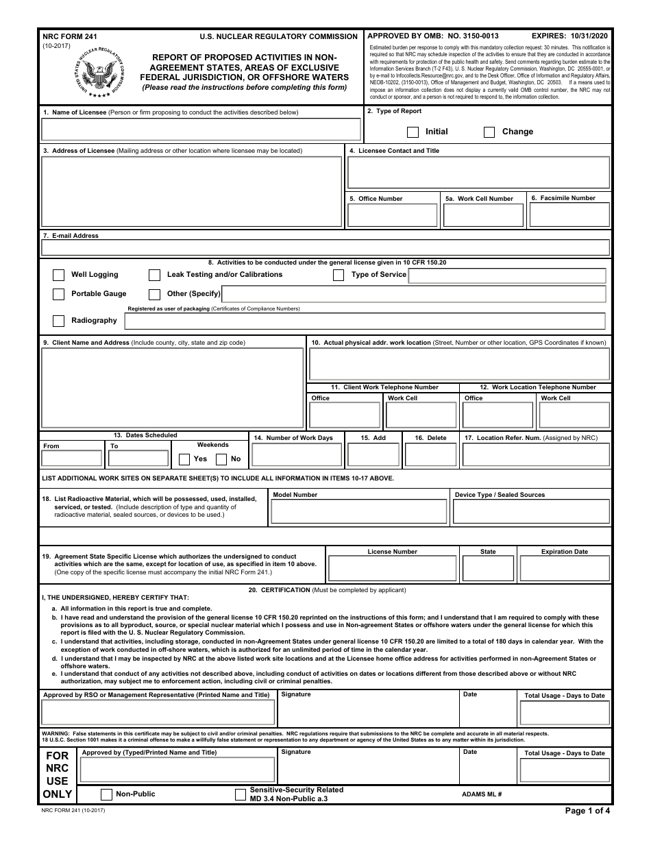 NRC Form 241 Report of Proposed Activities in Nonagreement States, Areas of Exclusive Federal Jurisdiction, or Offshore Waters, Page 1