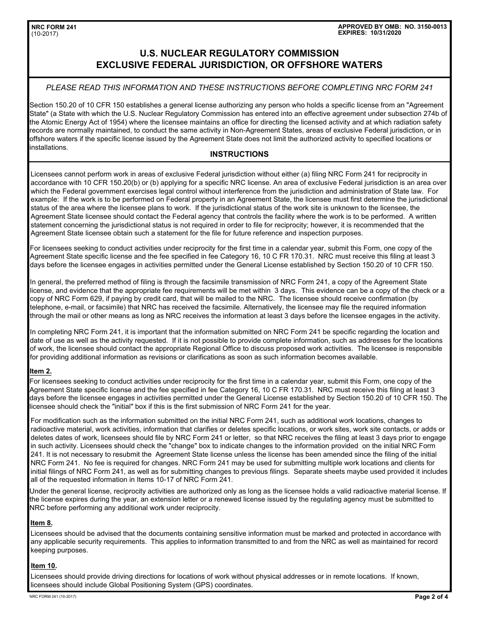 NRC Form 241 Report of Proposed Activities in Nonagreement States, Areas of Exclusive Federal Jurisdiction, or Offshore Waters, Page 2