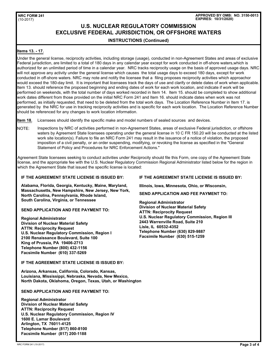 NRC Form 241 Report of Proposed Activities in Nonagreement States, Areas of Exclusive Federal Jurisdiction, or Offshore Waters, Page 3