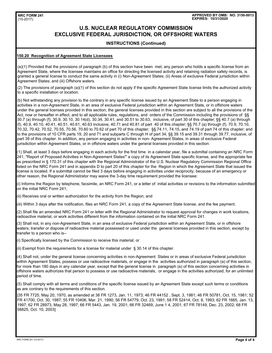NRC Form 241 Report of Proposed Activities in Nonagreement States, Areas of Exclusive Federal Jurisdiction, or Offshore Waters, Page 4