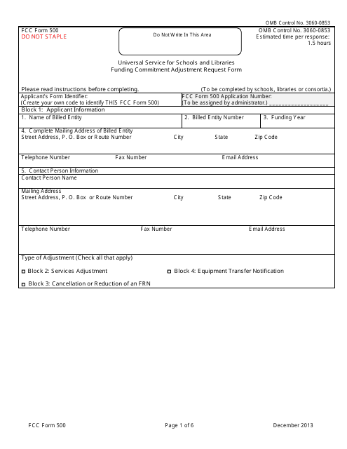 FCC Form 500 Universal Service for Schools and Libraries Funding Commitment Adjustment Request Form