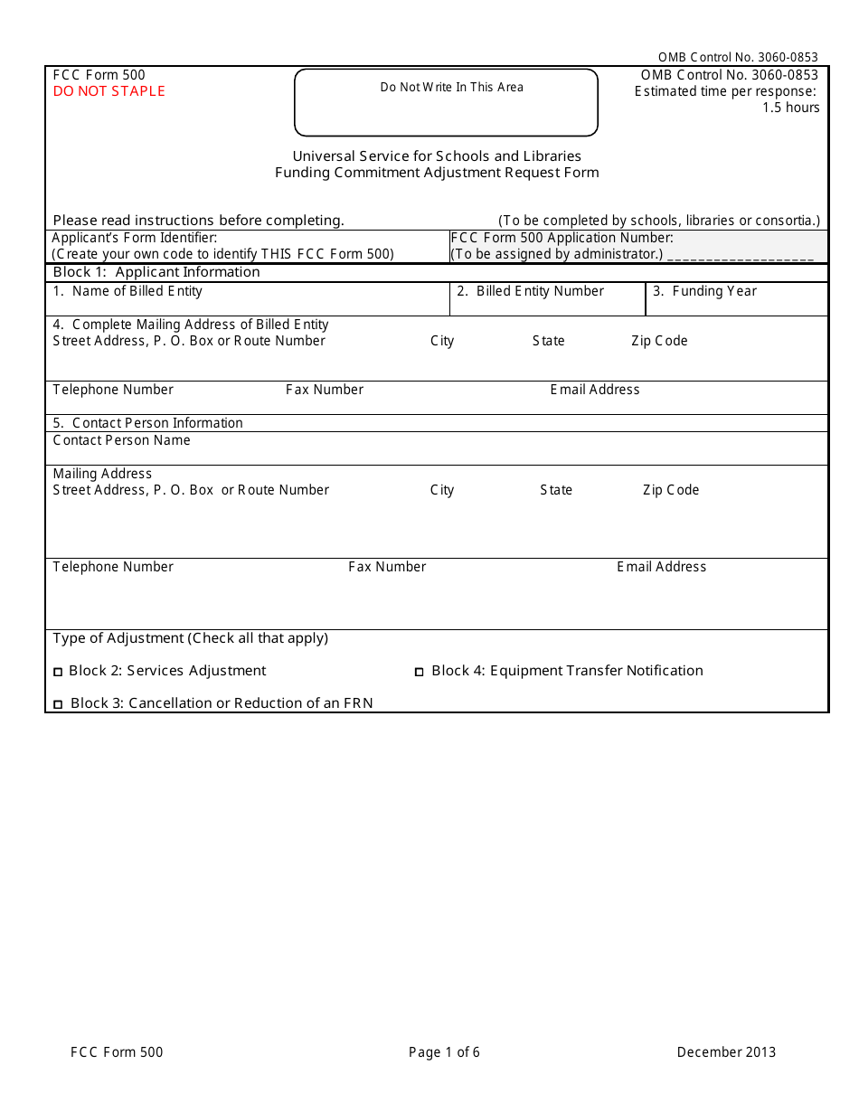 FCC Form 500 Universal Service for Schools and Libraries Funding Commitment Adjustment Request Form, Page 1