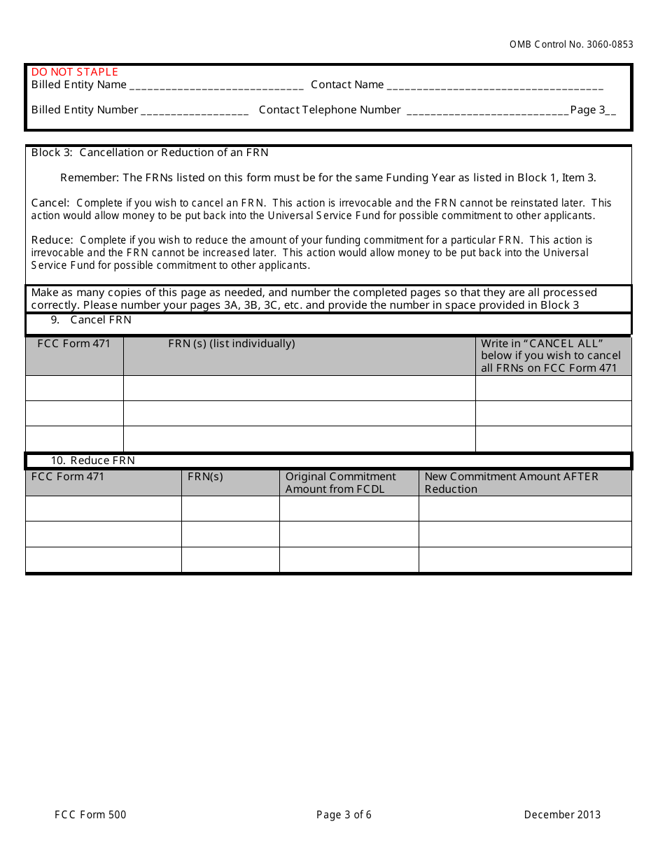 FCC Form 500 Universal Service for Schools and Libraries Funding Commitment Adjustment Request Form, Page 3