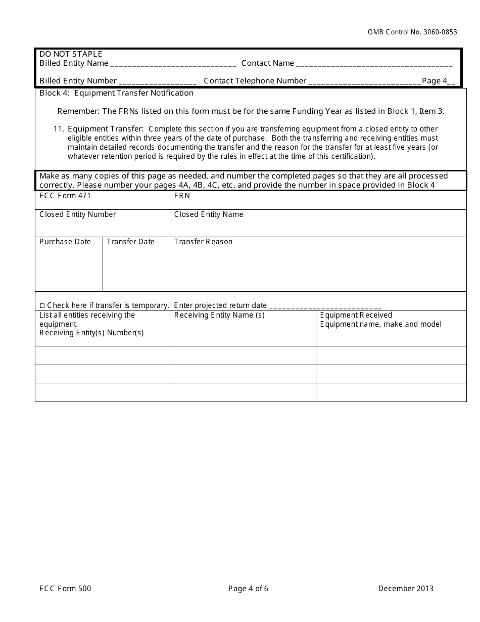 FCC Form 500 Universal Service for Schools and Libraries Funding Commitment Adjustment Request Form, Page 4