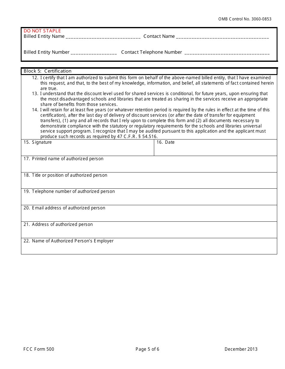 FCC Form 500 Universal Service for Schools and Libraries Funding Commitment Adjustment Request Form, Page 5