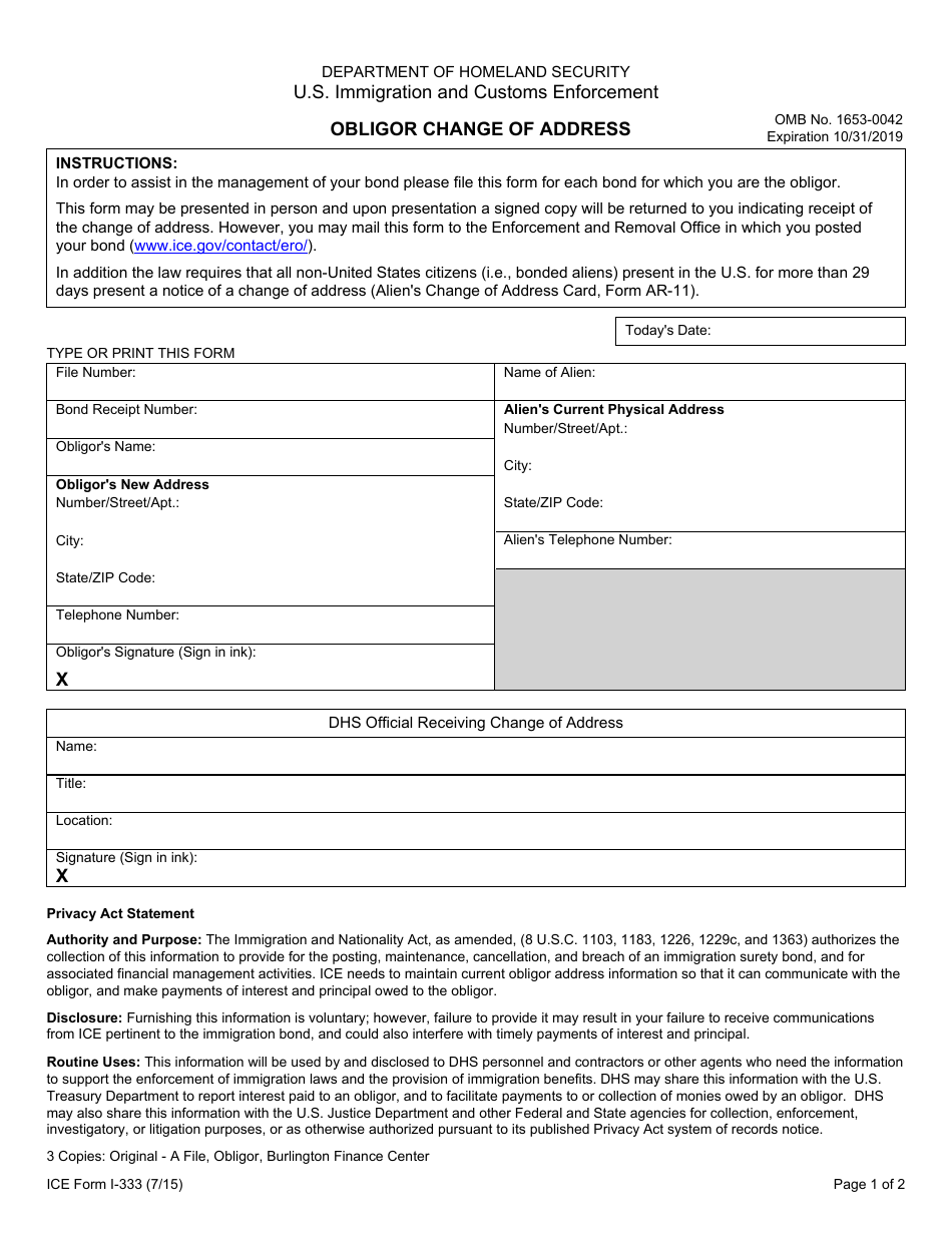 ICE Form I-333 Obligor Change of Address, Page 1