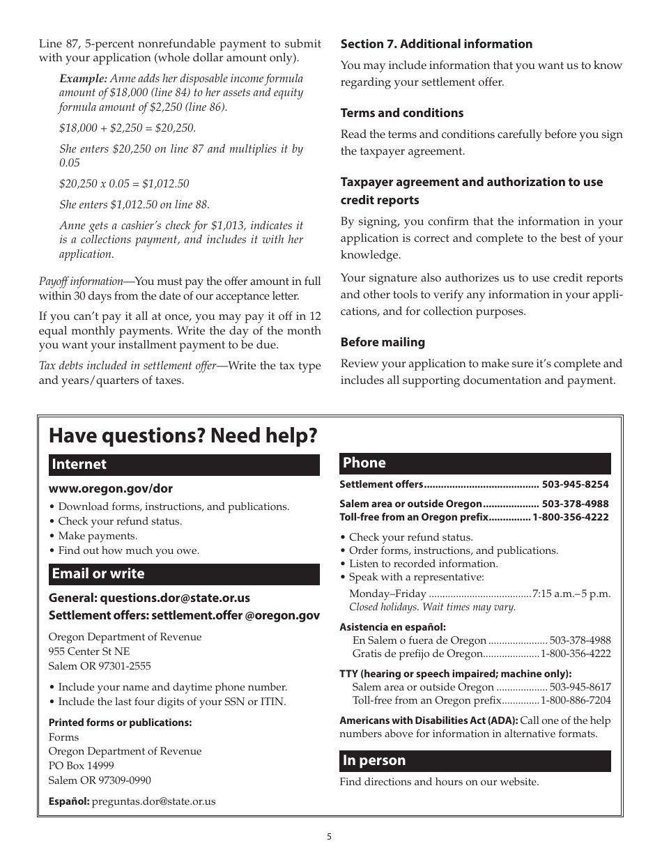 Form 150-101-157 (OR-SOA) Settlement Offer Application - Oregon, Page 5