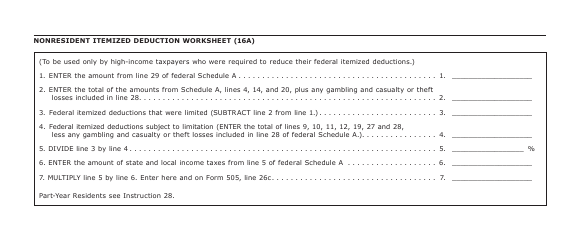 Form 16A Nonresident Itemized Deduction Worksheet - Maryland