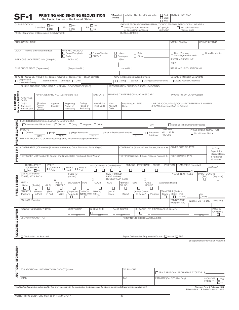 GPO Form SF-1 Printing and Binding Requisition, Page 1