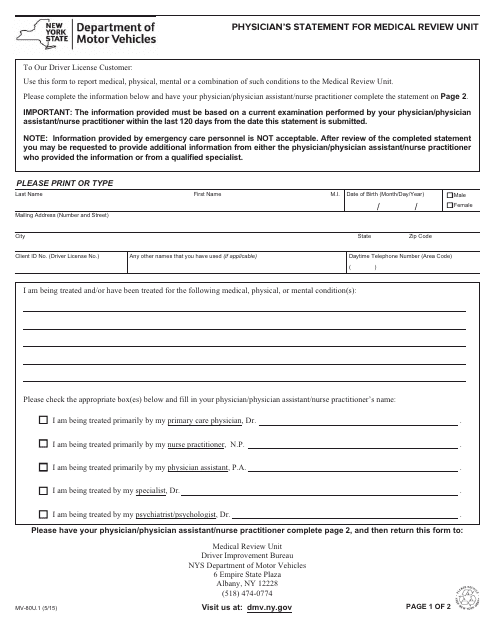 Form MV-80U.1 Physician's Statement for Medical Review Unit - New York