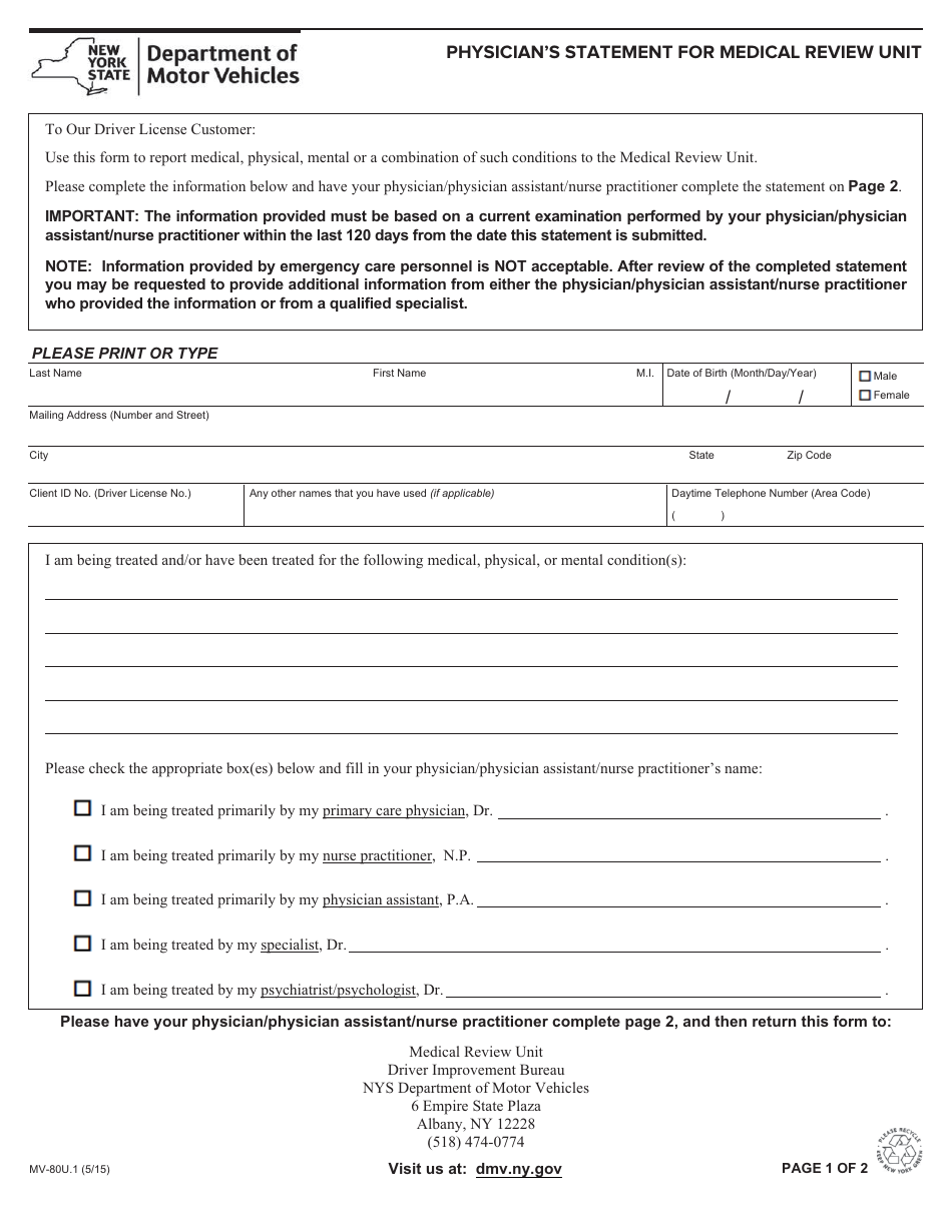 Form MV-80U.1 Physicians Statement for Medical Review Unit - New York, Page 1