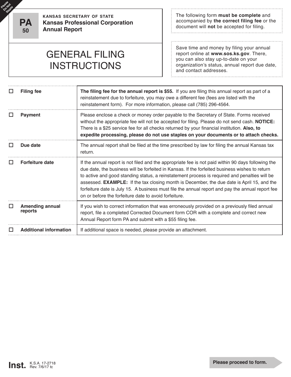 Form PA50 Kansas Professional Corporation Annual Report - Kansas, Page 1