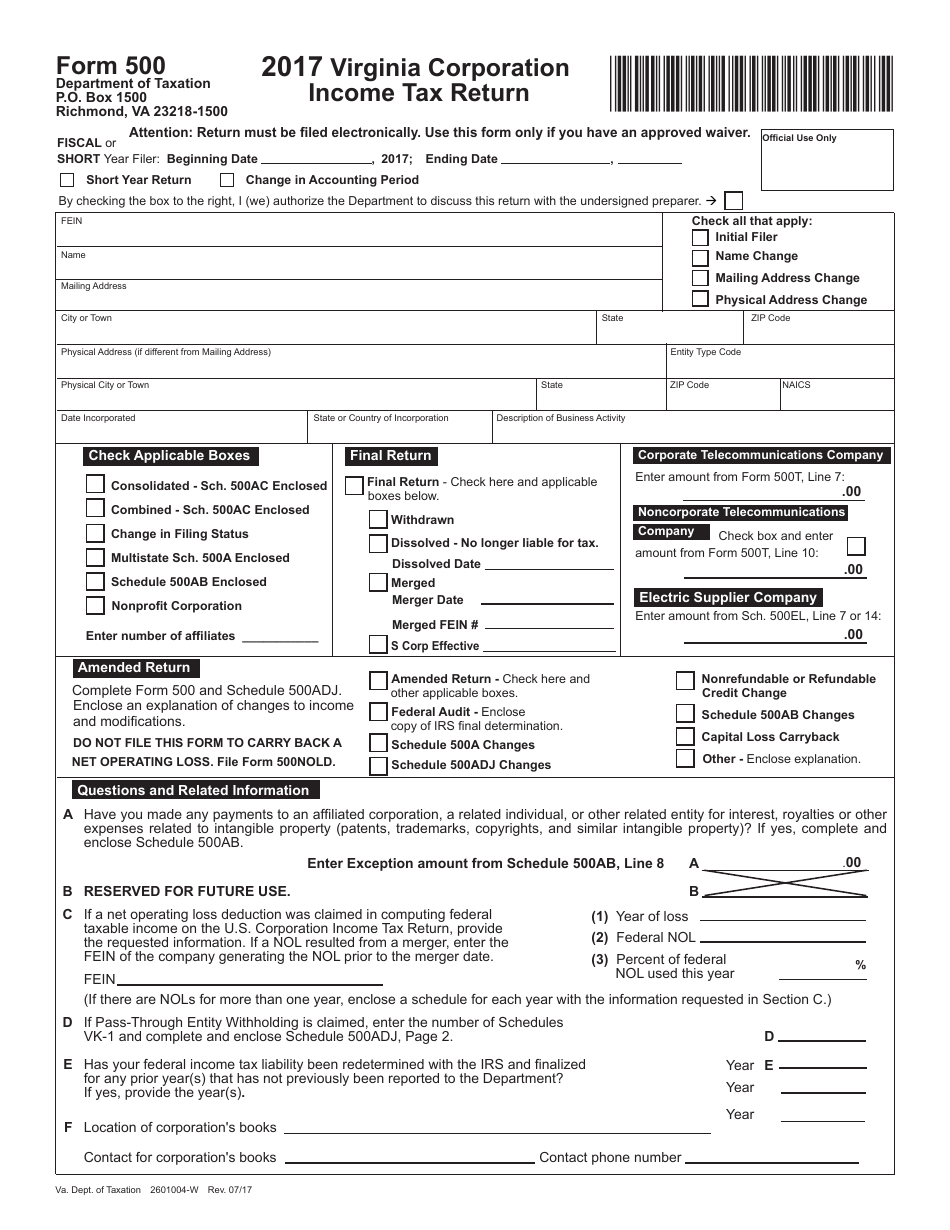 Form 500 Virginia Corporation Income Tax Return - Virginia, Page 1