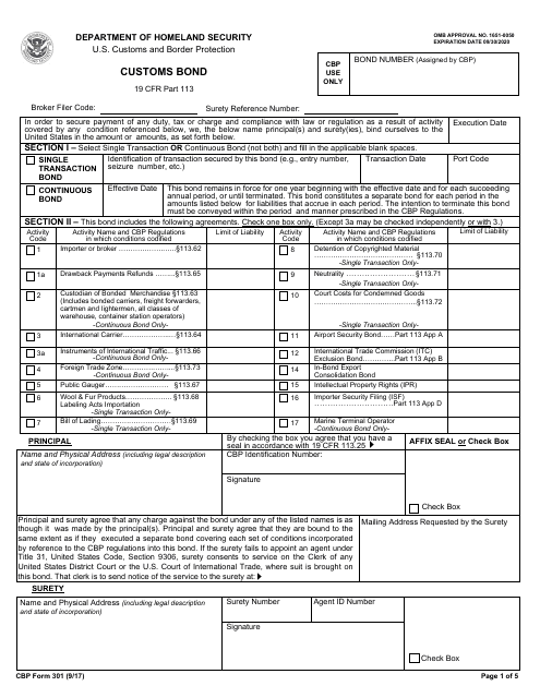 CBP Form 301  Printable Pdf