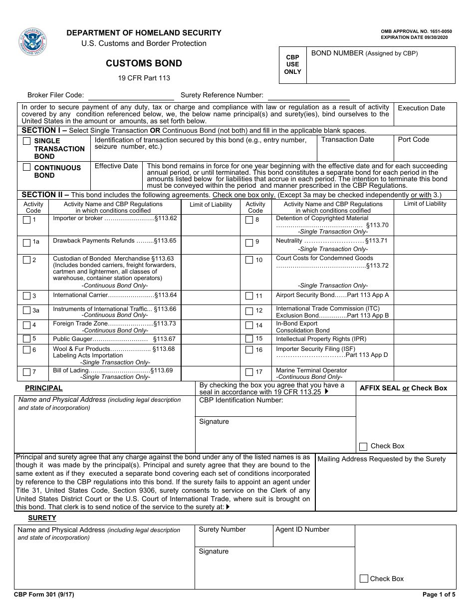 CBP Form 301 Customs Bond, Page 1