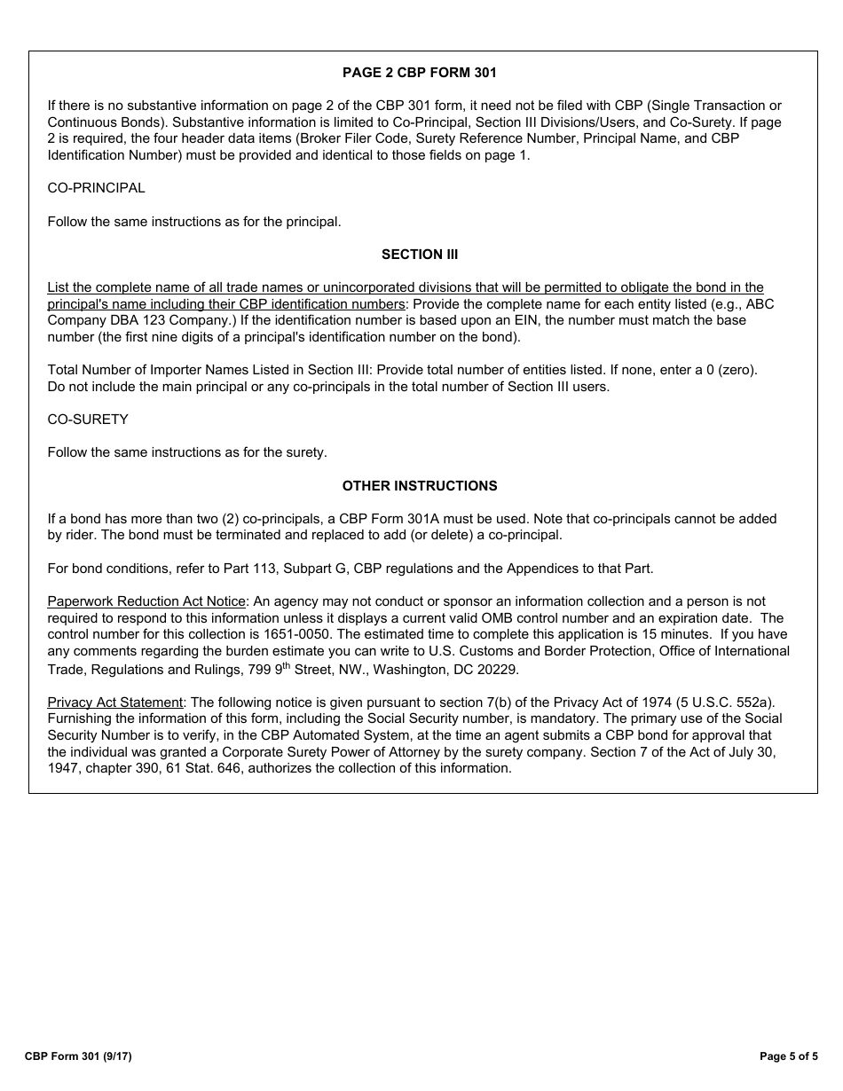CBP Form 301 Customs Bond, Page 5