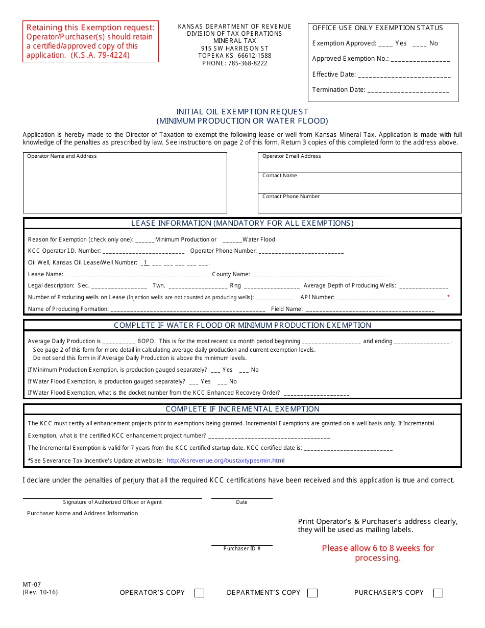 Form MT-07 Initial Oil Exemption Request (Minimum Production or Water Flood) - Kansas, Page 1
