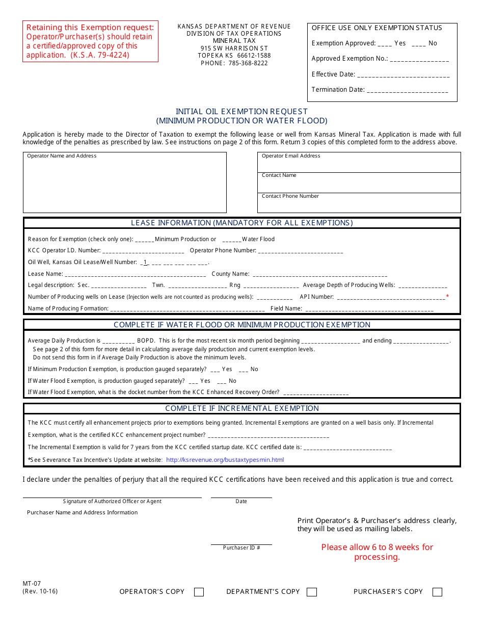 Form MT-07 Initial Oil Exemption Request (Minimum Production or Water Flood) - Kansas, Page 2