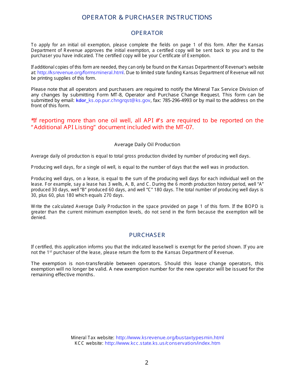 Form MT-07 Initial Oil Exemption Request (Minimum Production or Water Flood) - Kansas, Page 4