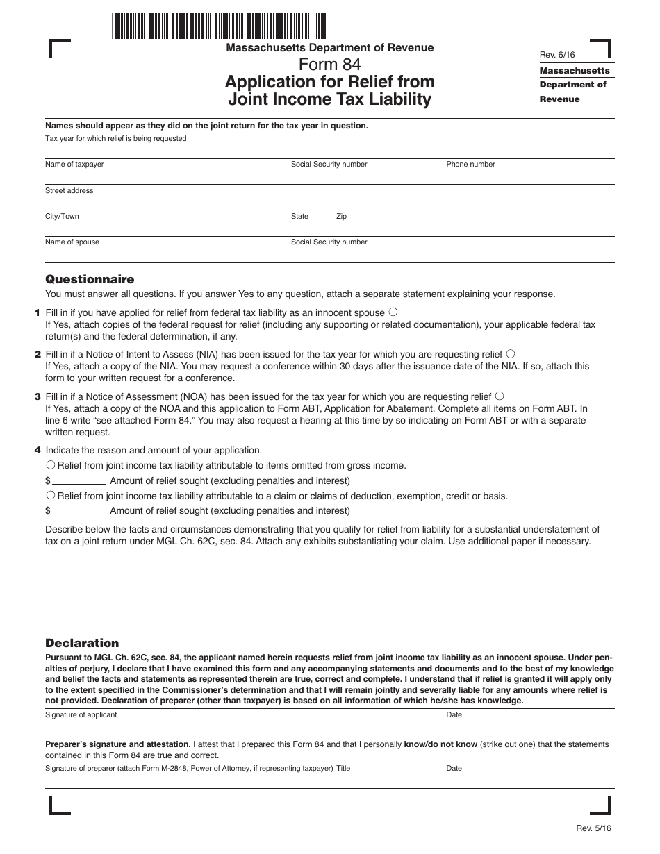 Form 84 Application for Relief From Joint Income Tax Liability - Massachusetts, Page 1
