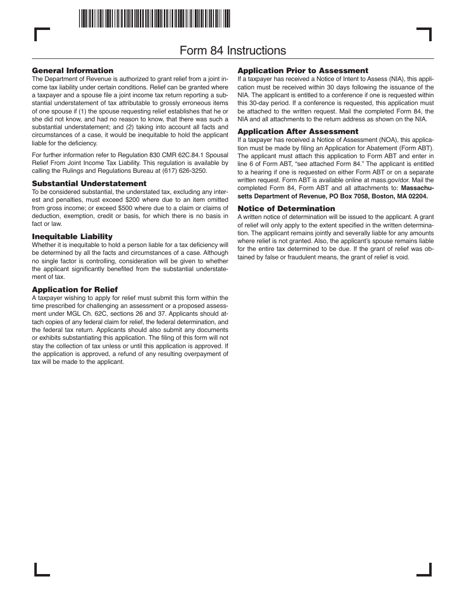 Form 84 Application for Relief From Joint Income Tax Liability - Massachusetts, Page 2