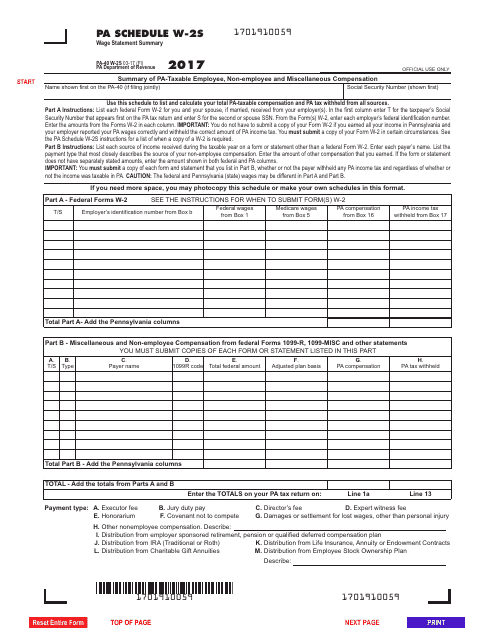 Form PA-40 Schedule W-2S 2017 Printable Pdf