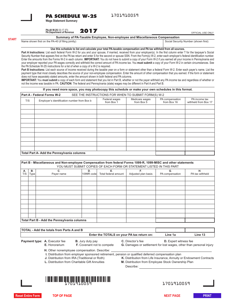 Form PA-40 Schedule W-2S Wage Statement Summary - Pennsylvania, Page 1