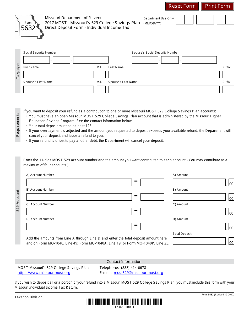 Form 5632 Missouris 529 College Savings Plan Direct Deposit Form - Individual Income Tax - Missouri, Page 1