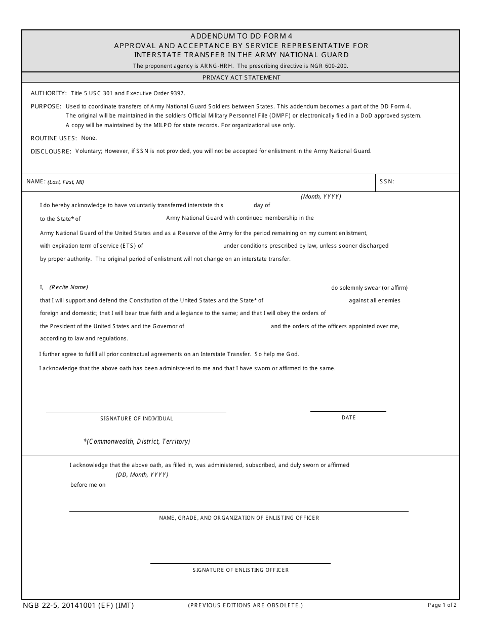 NGB Form 22-5 Addendum to DD Form 4 - Approval and Acceptance by Service Representative for Interstate Transfer in the Army National Guard, Page 1