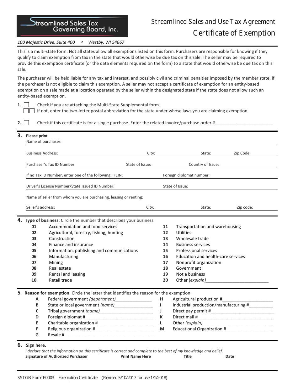 Form F0003 Certificate of Exemption - Streamlined Sales and Use Tax Agreement - West Virginia, Page 1