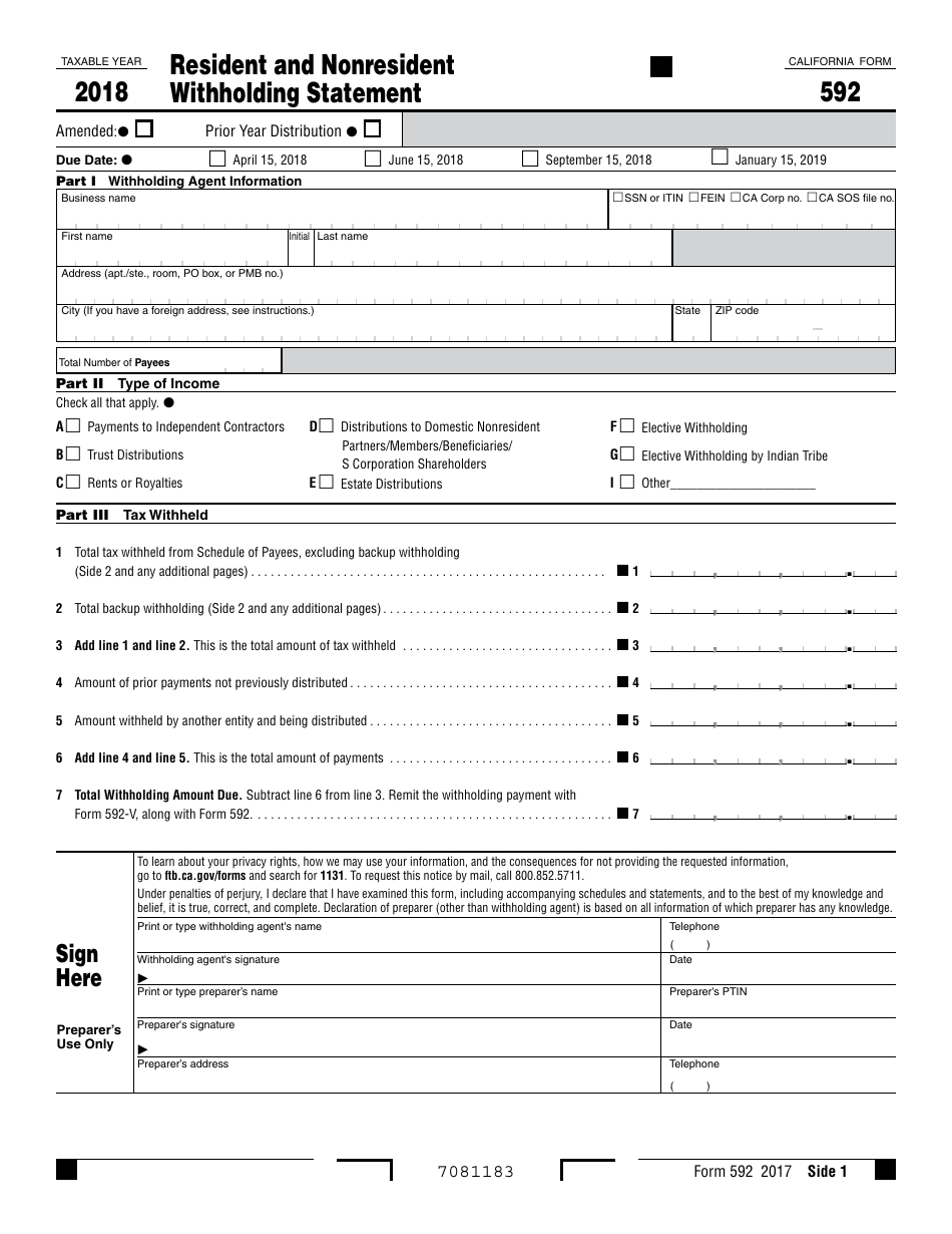 Form 592 Resident and Nonresident Withholding Statement - California, Page 1