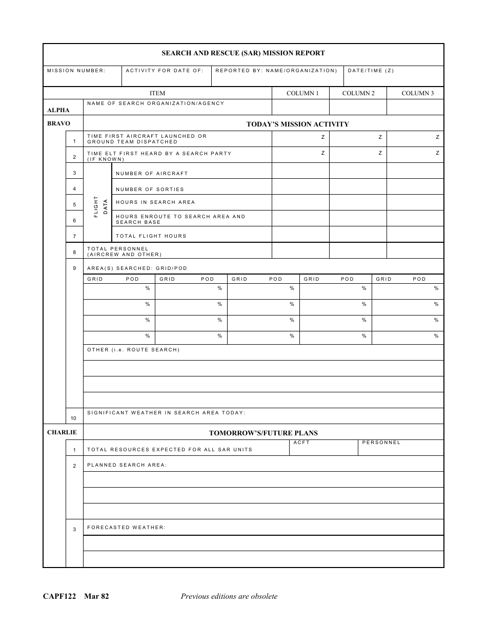 CAP Form 122 Search and Rescue (Sar) Mission Report, Page 1