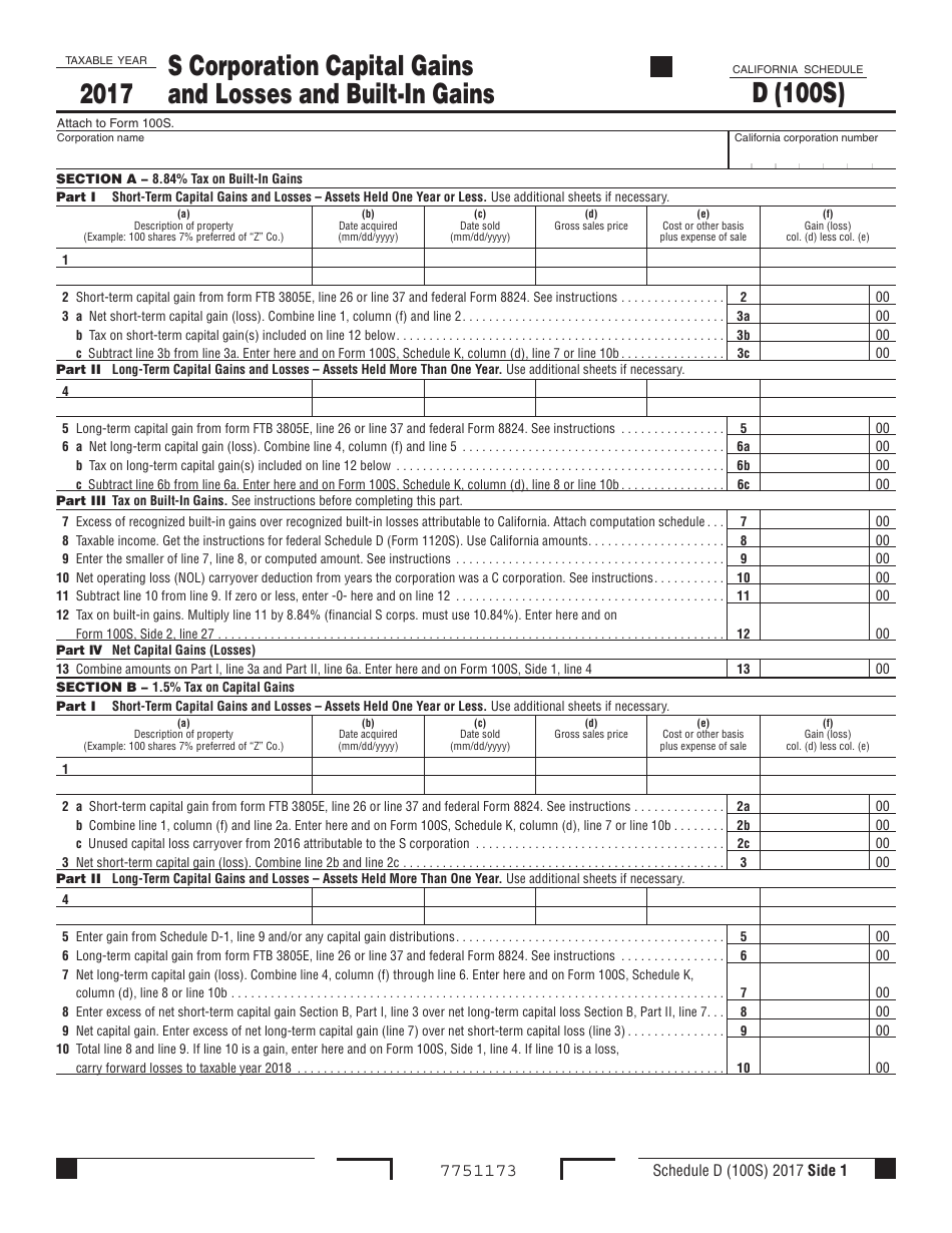 Form 100S Schedule D S Corporation Capital Gains and Losses and Built-In Gains - California, Page 1