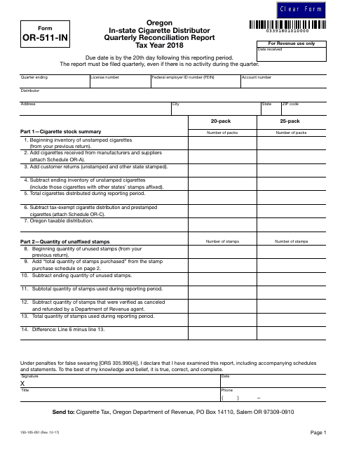 Form 150-105-051 (OR-511-IN) Oregon in-State Cigarette Distributor Quarterly Reconciliation Report Tax Year 2018 - Oregon, 2018