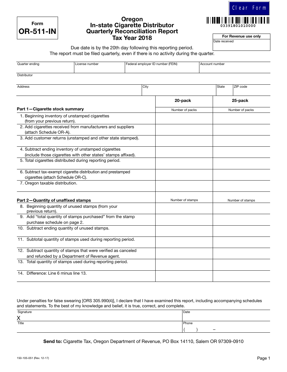 Form 150-105-051 (OR-511-IN) Oregon in-State Cigarette Distributor Quarterly Reconciliation Report Tax Year 2018 - Oregon, Page 1