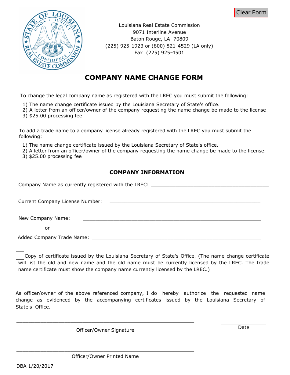 Company Name Change Form - Louisiana, Page 1