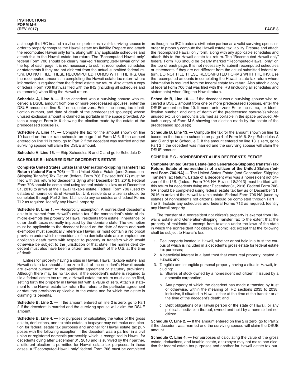 Instructions for Form M-6 Hawaii Estate Tax Return - Hawaii, Page 3