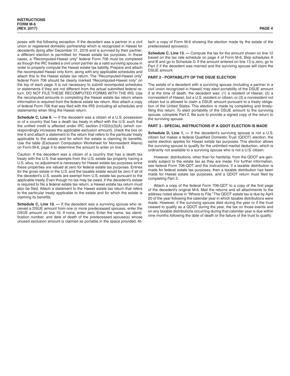 Instructions for Form M-6 Hawaii Estate Tax Return - Hawaii, Page 4
