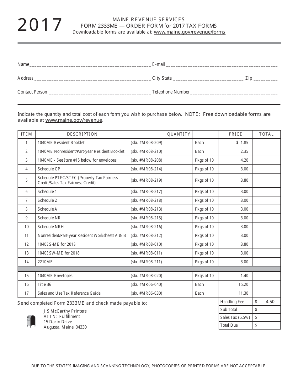 Form 2333ME Order Form for Tax Forms - Maine, Page 1