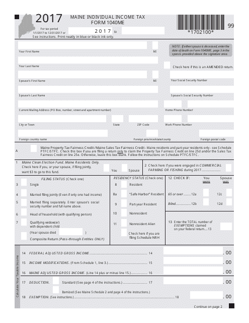 Form 1040ME Maine Individual Income Tax - Maine, 2017