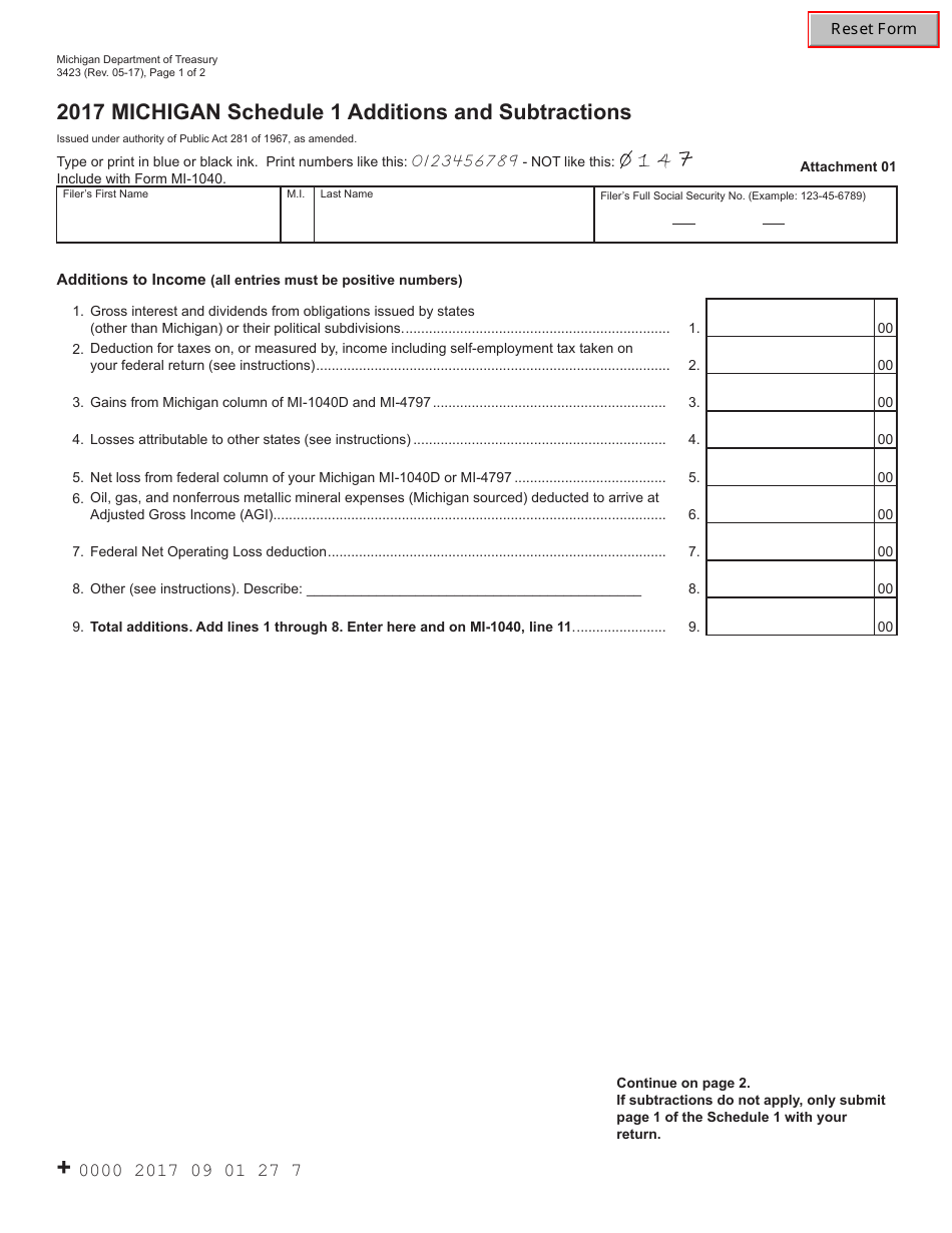 Form 3423 Schedule 1 Additions and Subtractions - Michigan, Page 1